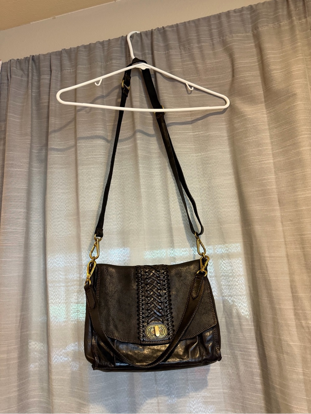 Campomaggi Dark Brown Leather Woven-Detail Shoulder Bag EUC